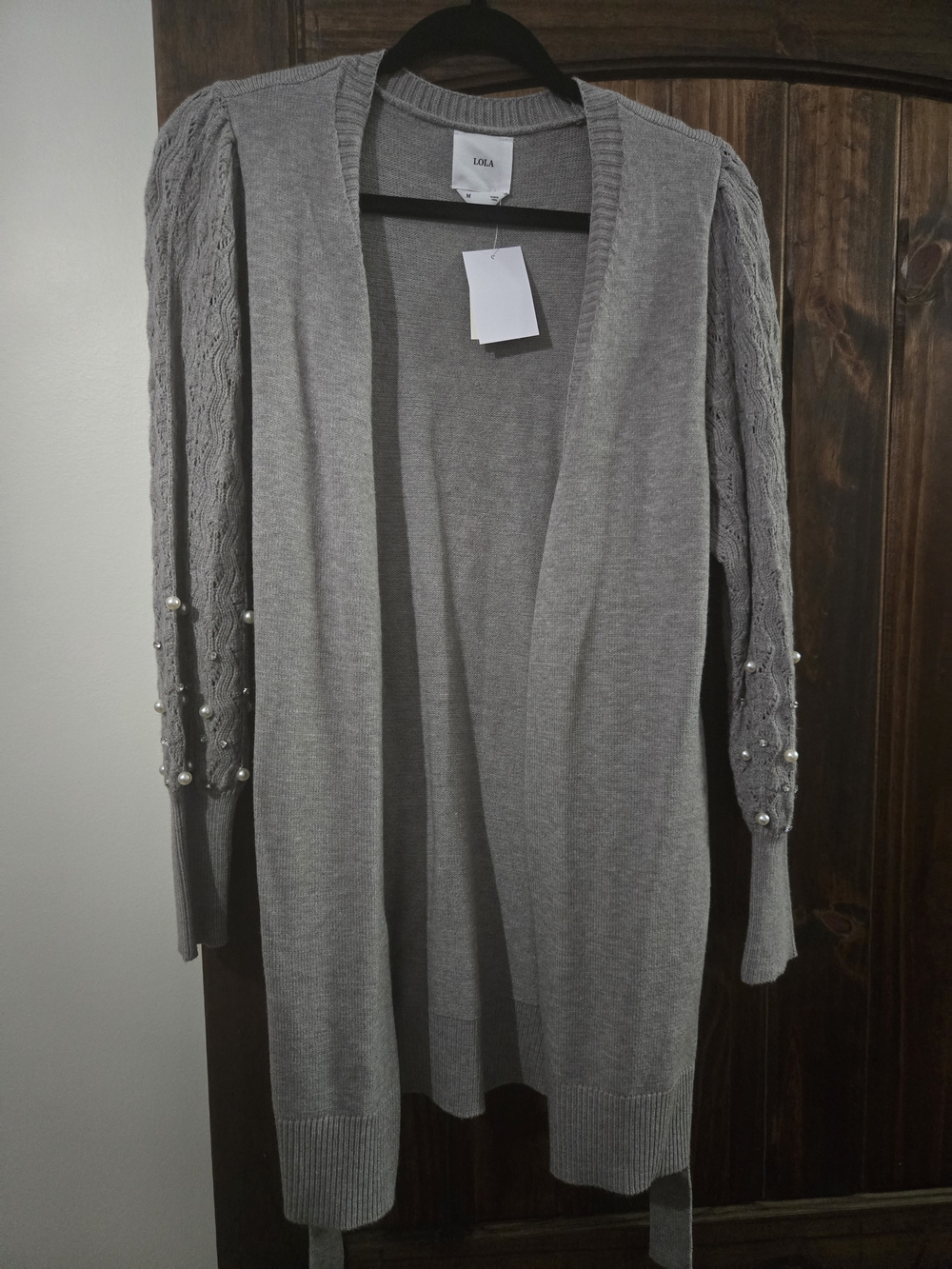 lola Light Gray Open-Front Cardigan with Pearl-Embellished Sleeves